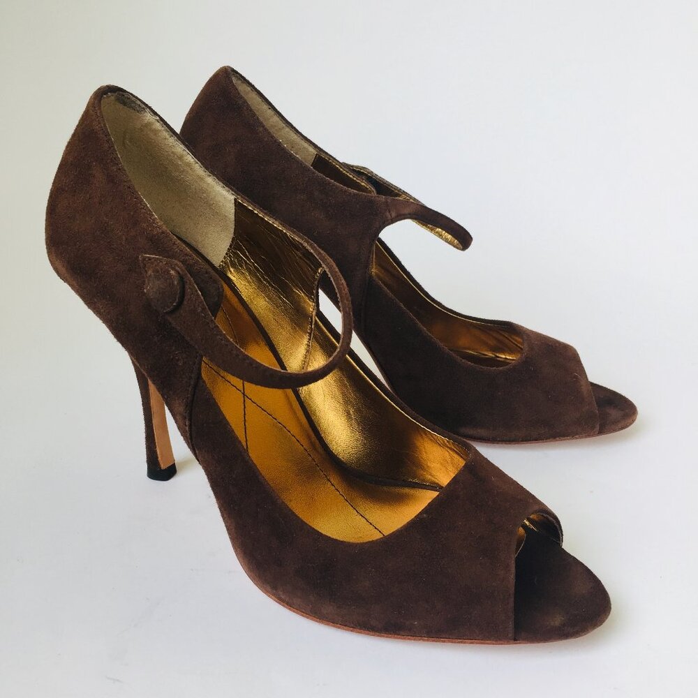 Max Studio Brown Suede Peep-Toe Stilettos – Size 7